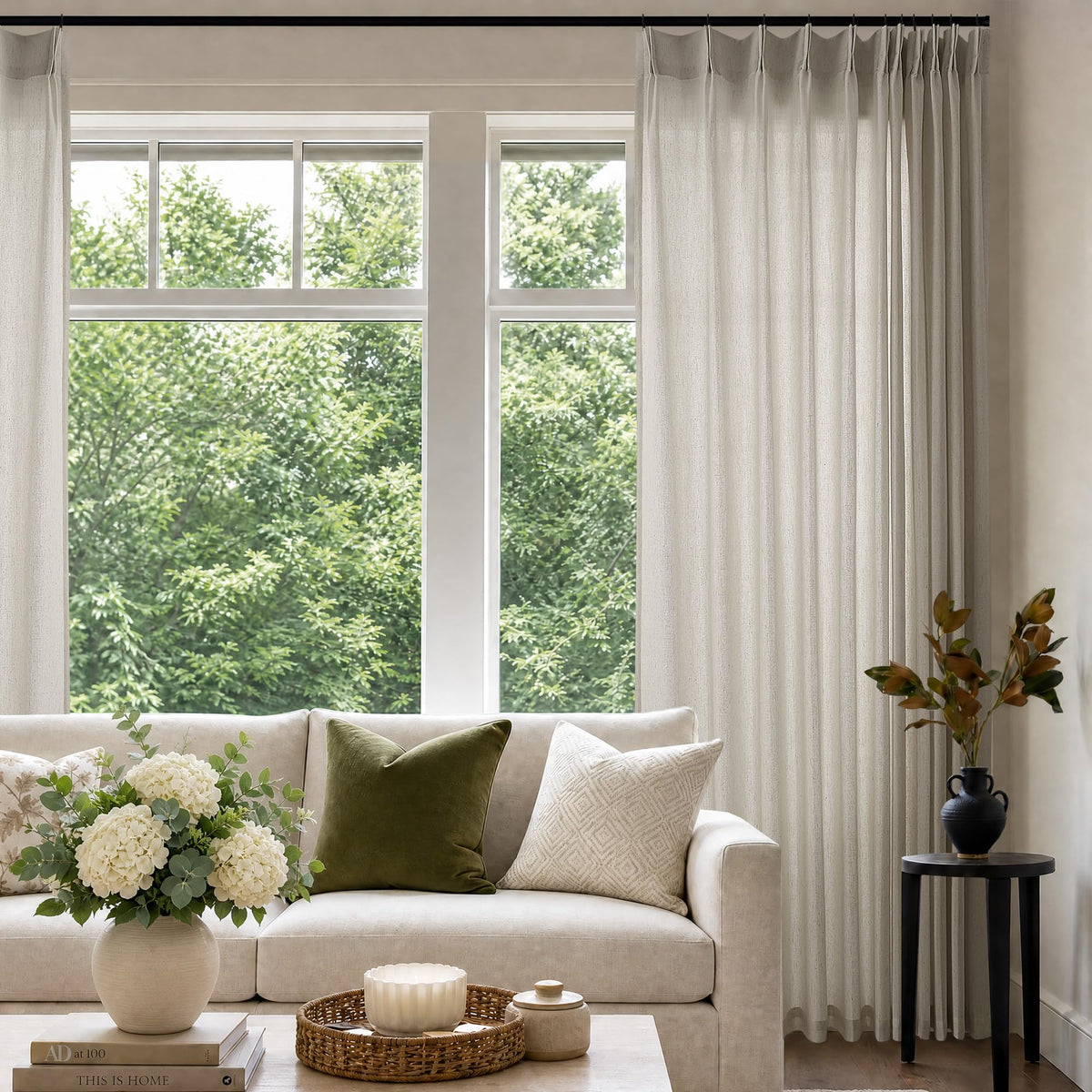 Cream 120 Inch Linen Curtains Pinch Pleated Extra Long Custom Made