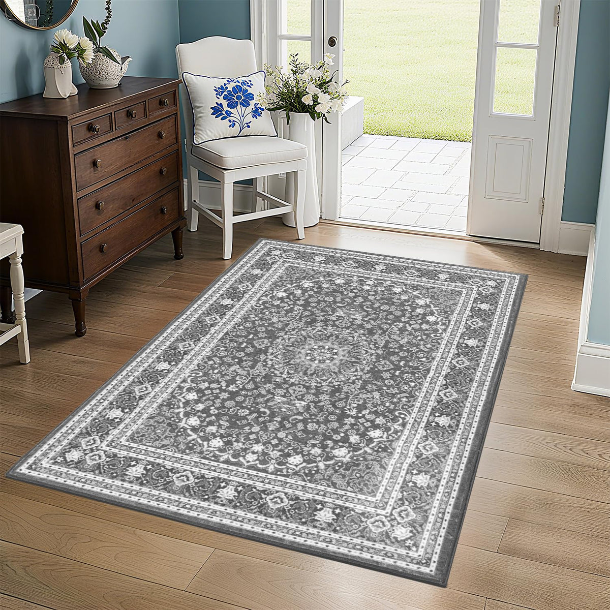 Lessymo 8 x 10 Area Rugs for Living Room, Machine Washable Rug Grey White