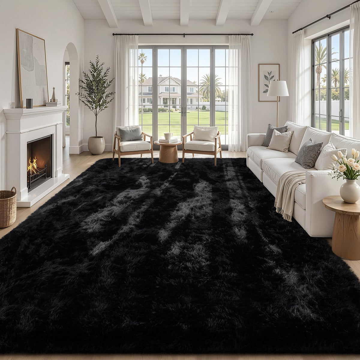 TENGTENGLINK 8x10 Fluffy Shag Area Rug Living Room Bedroom Washable Black
