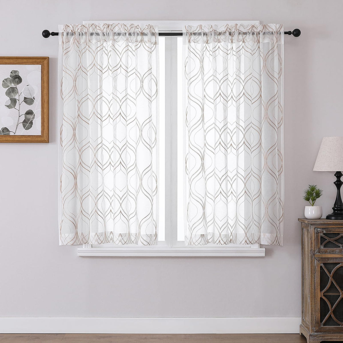 VISIONTEX White Sheer Curtains Grey Moroccan Embroidered 63 Inch Length