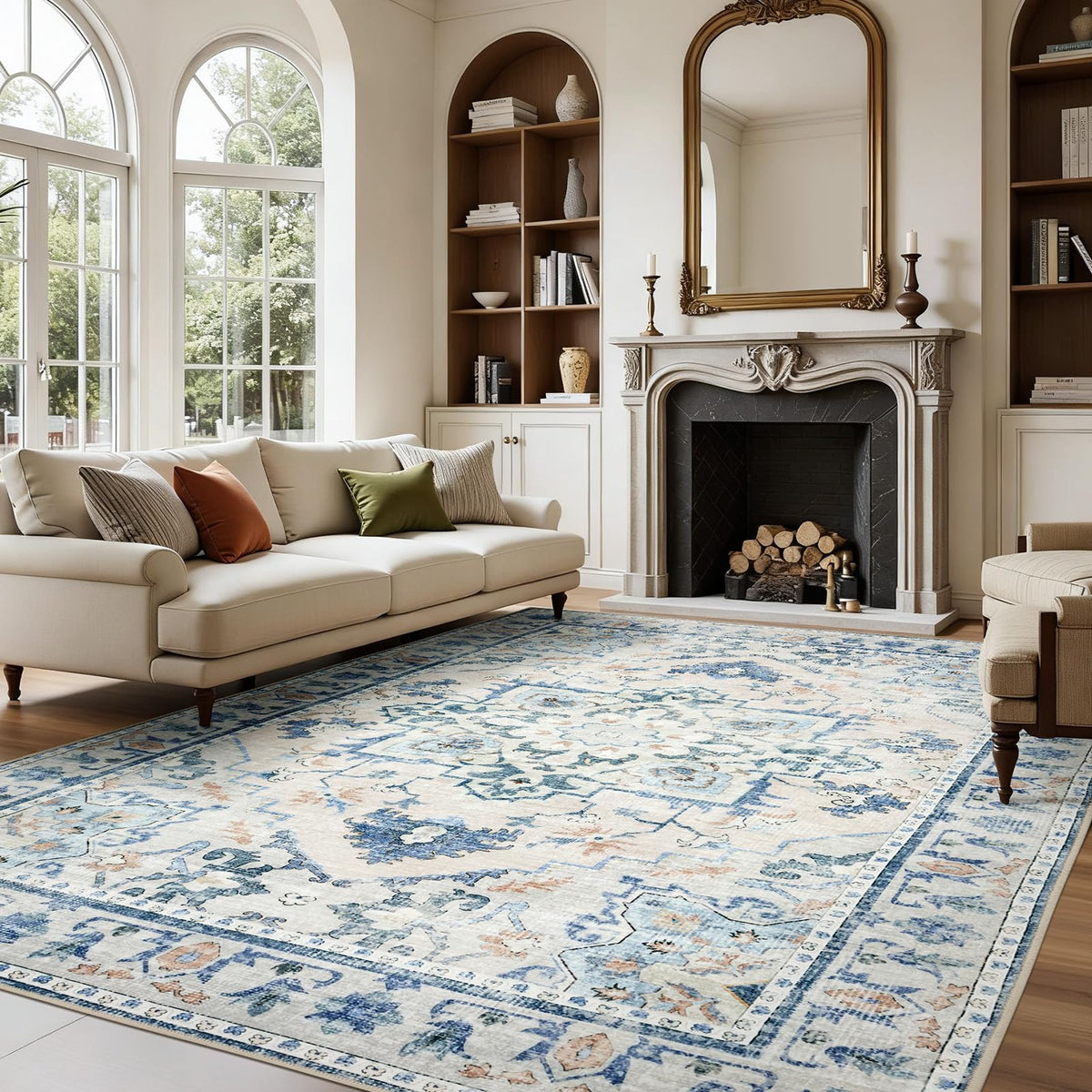 Joydeco Boho Washable Abstract Beige 5x7 Area Rugs for Living Room Bedroom
