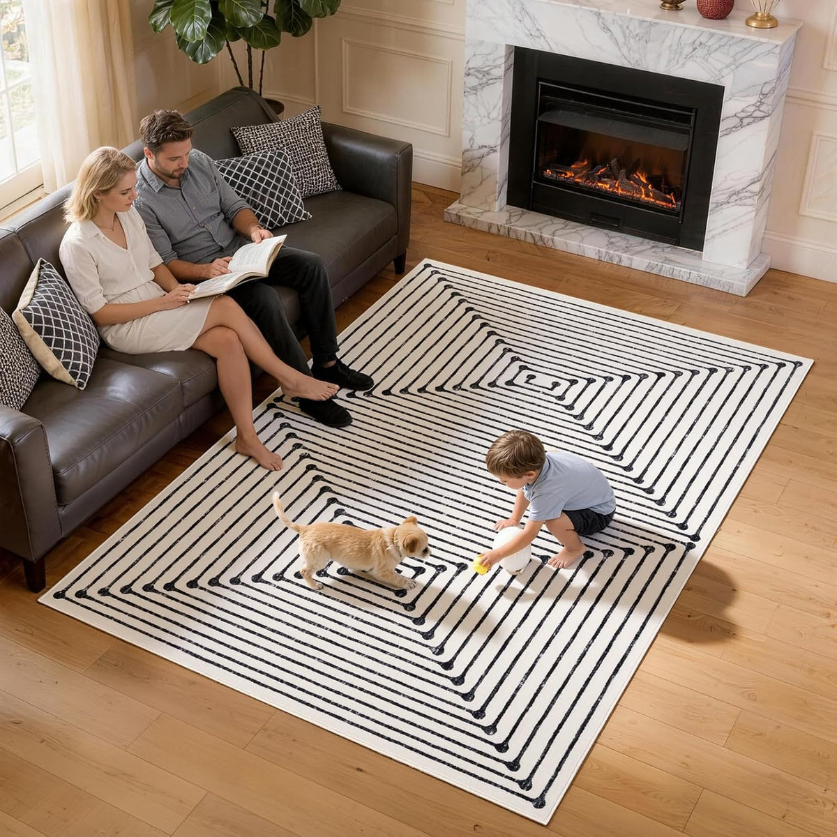 YIHOUSE Washable 5x7 Area Rugs for Living Room, Black and White Striped Rug for Bedroom Playroom Non Slip Low Pile, Soft Modern Geometric Carpet for Entryway Home Office Decor