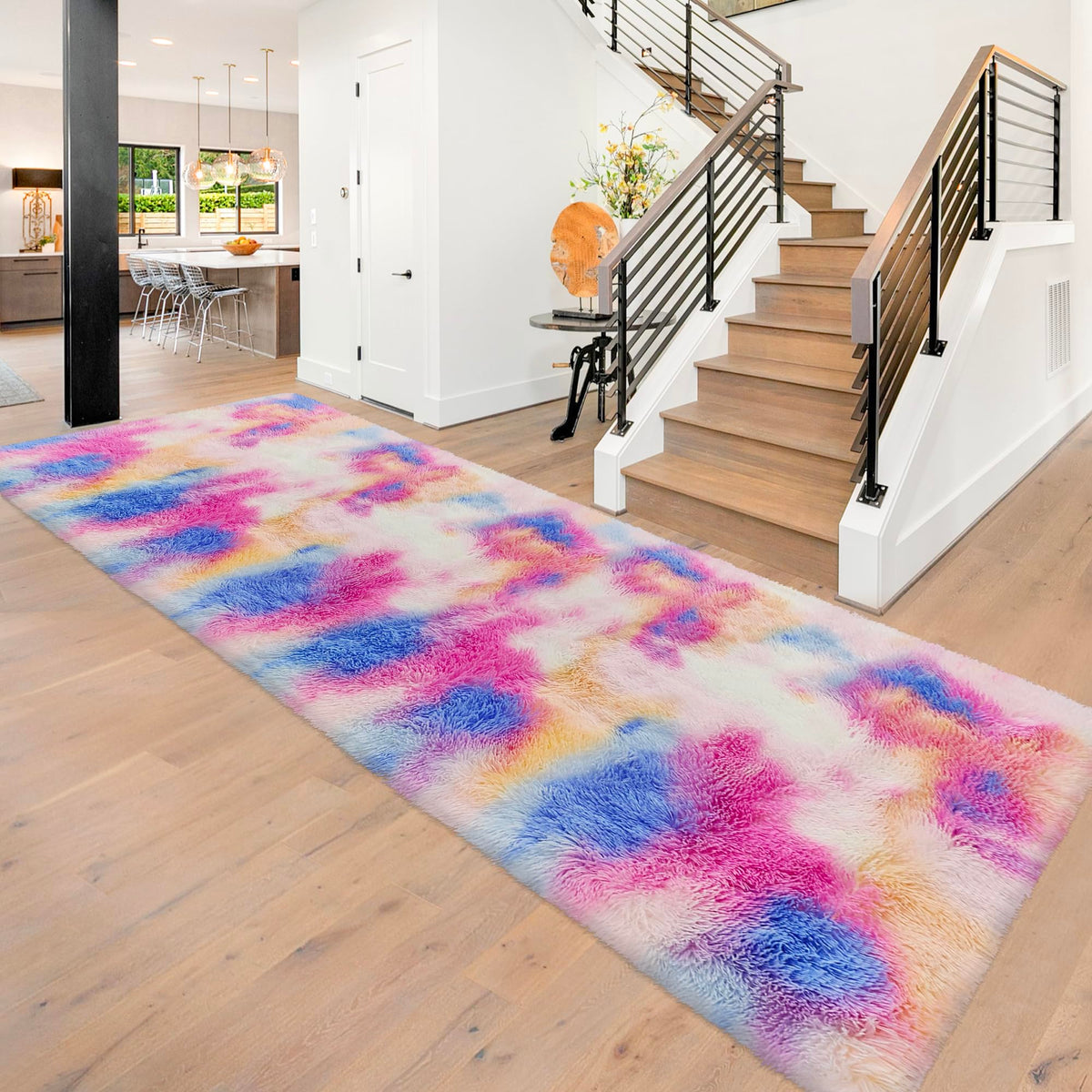 Tie-Dyed Runner Rug for Bedroom Black Grey 2x6ft Fluffy Area Rug Bedside Runner Rug for Kids Room Boys Teens Nursery Baby Living Room Dorm Home Decor Carpets