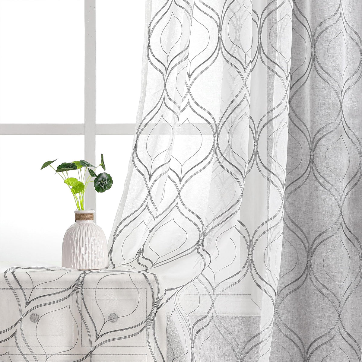 VISIONTEX White Sheer Curtains Grey Moroccan Embroidered 63 Inch Length