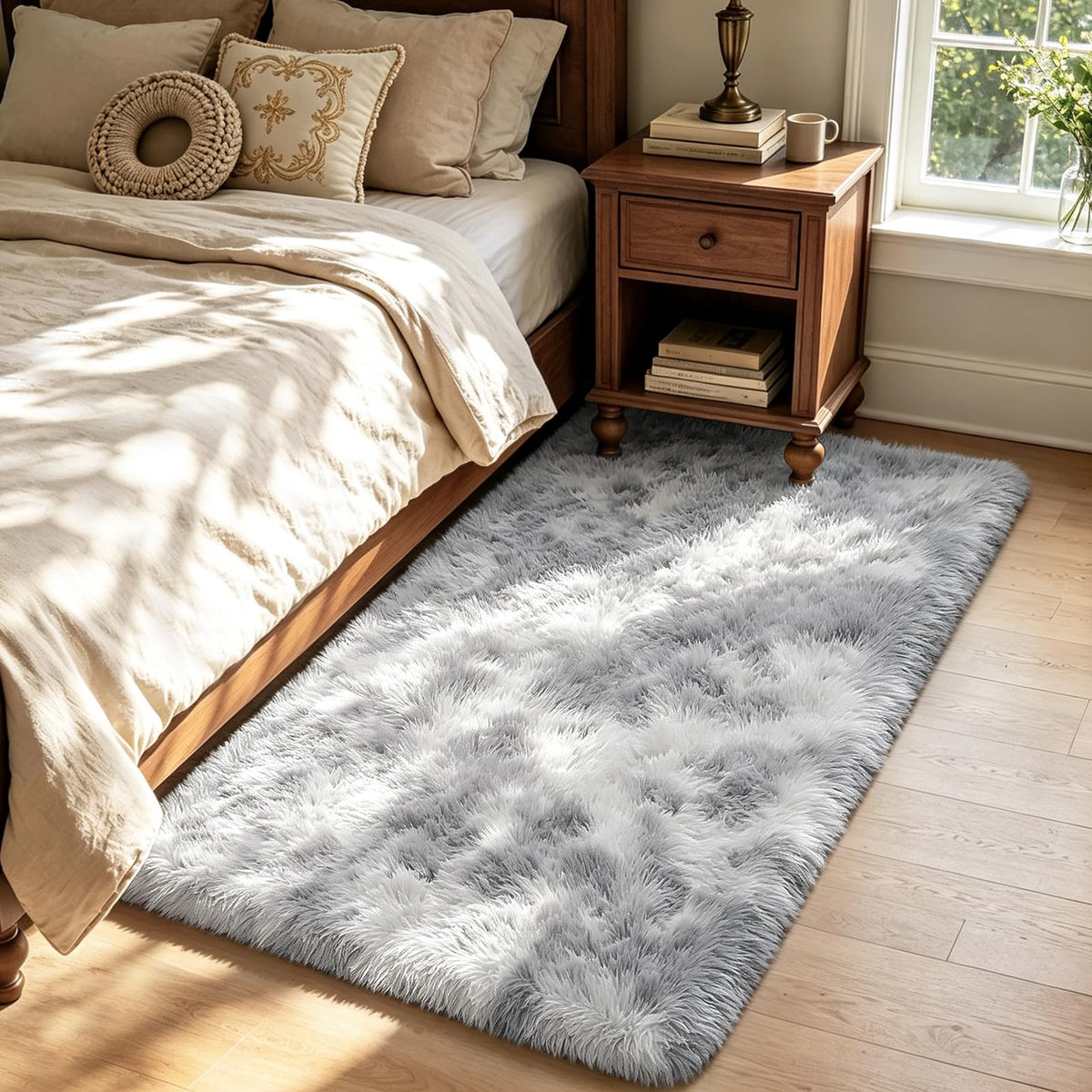 Beige 8x10 Area Rugs for Living Room, Fluffy Shag Rug Large Bedroom Carpet