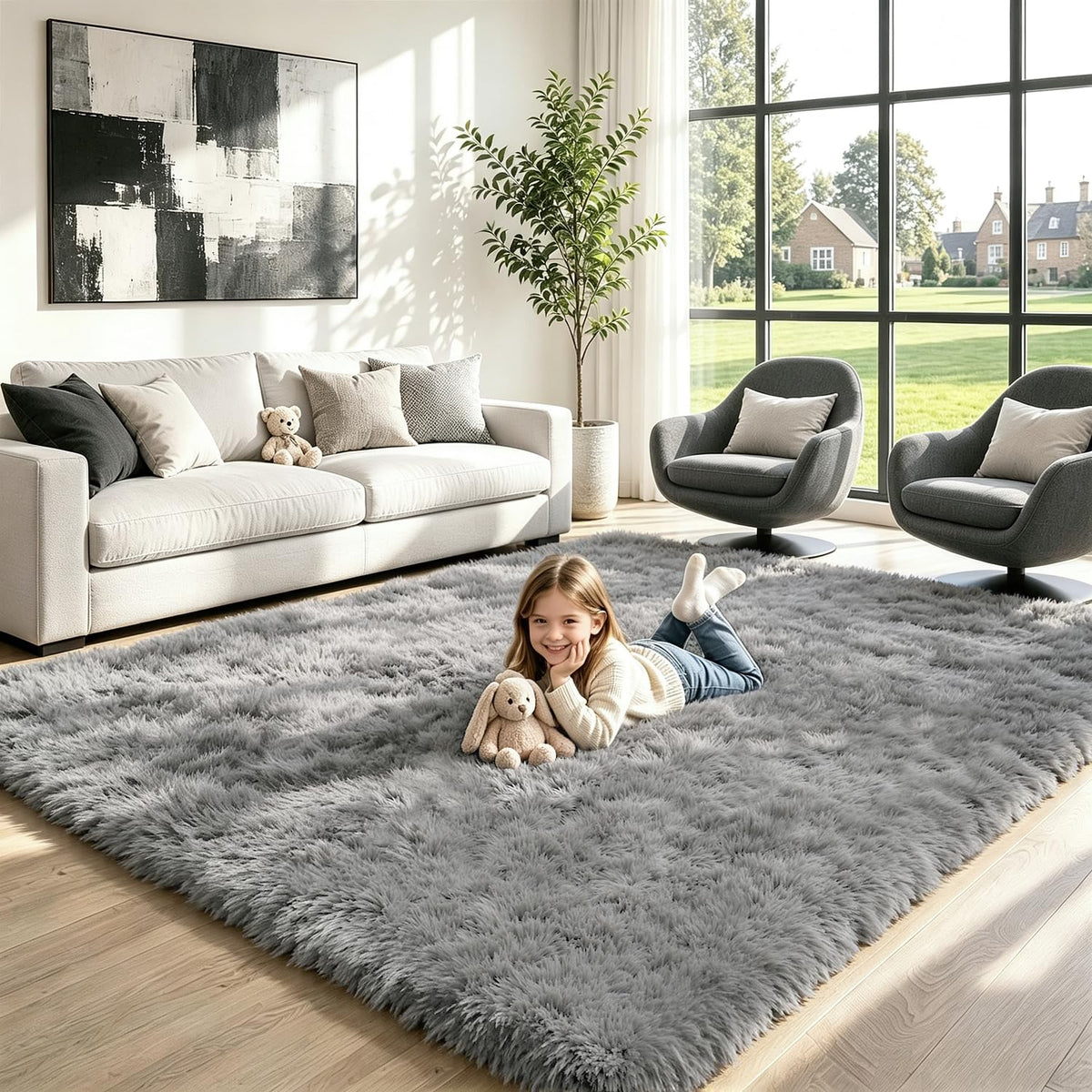 8x10 Black Area Rug for Living Room Bedroom, Soft Fluffy Fuzzy Fur Shag Rug