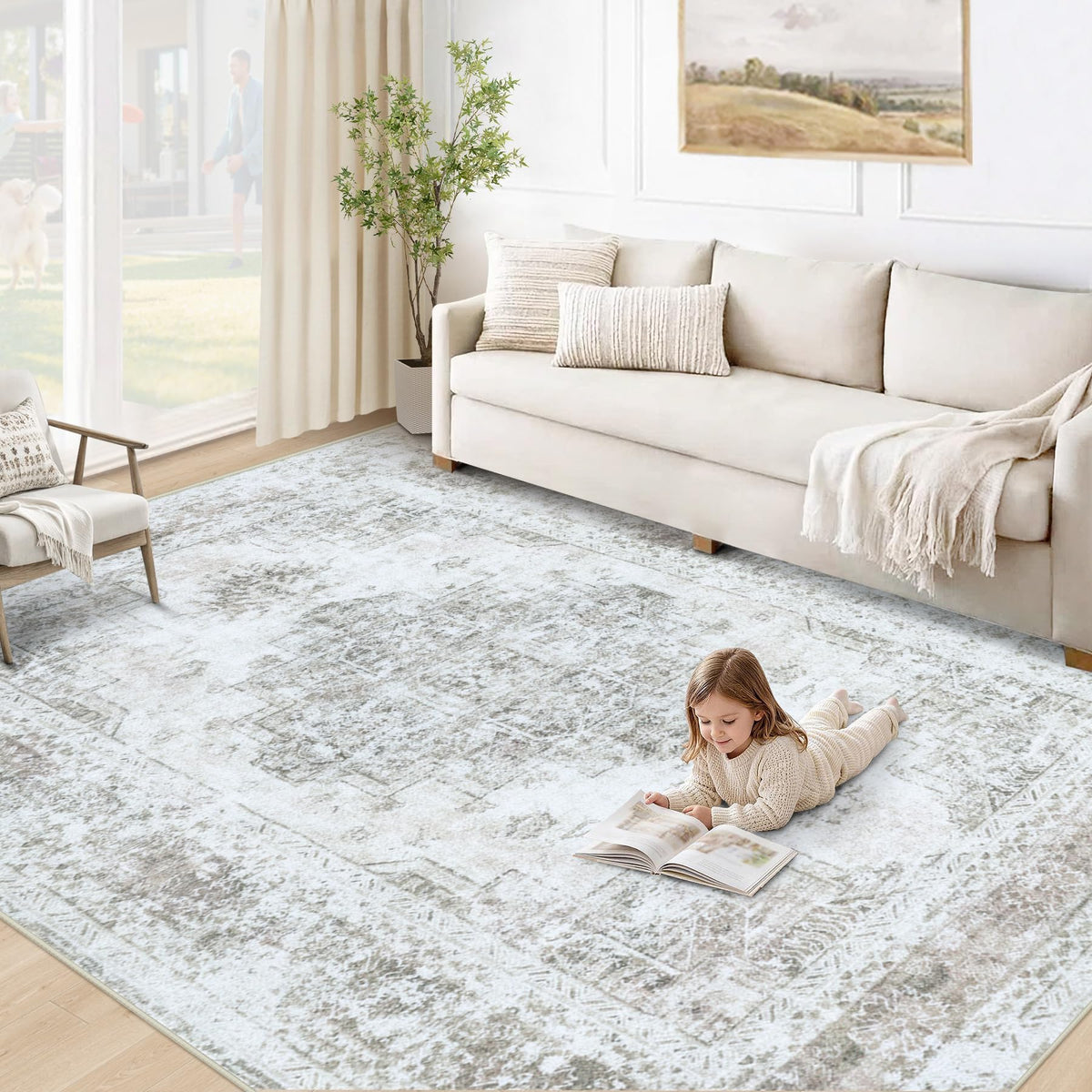 XLUEZ Area Rug 8x10 Living Room Rug, Machine Washable Vintage Distressed Medallion Rug Non-Slip Soft Low Pile Large Indoor Rugs for Bedroom Dining Room Office Children's Room (Beige,8'x10')