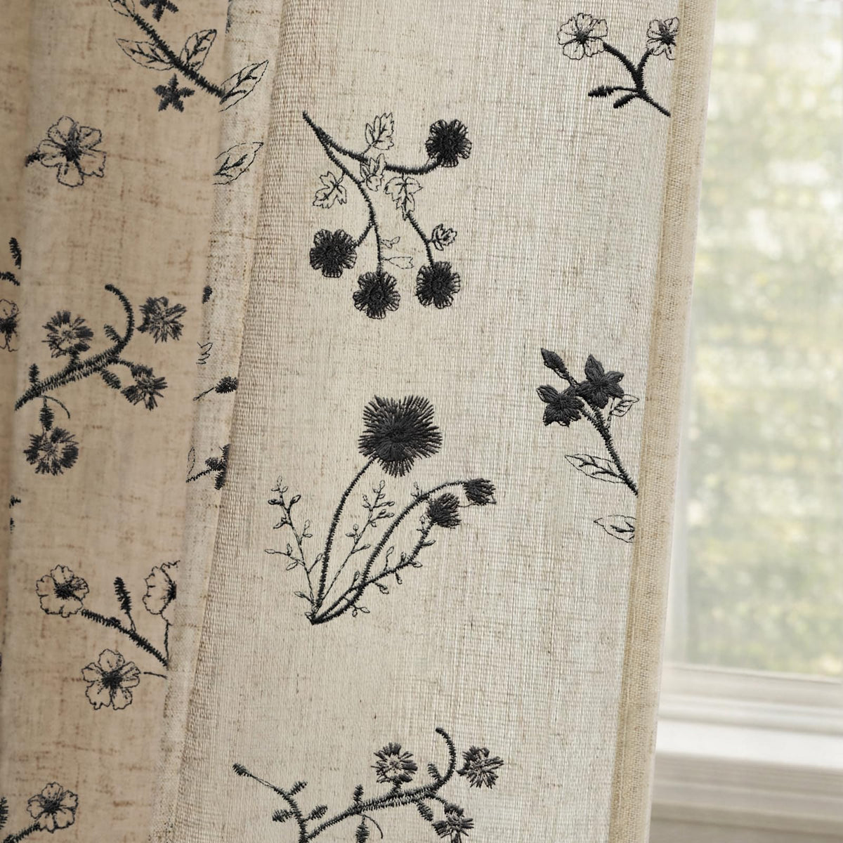Boho Floral Light Filtering Curtains 84 Inch 2 Panels Linen Texture