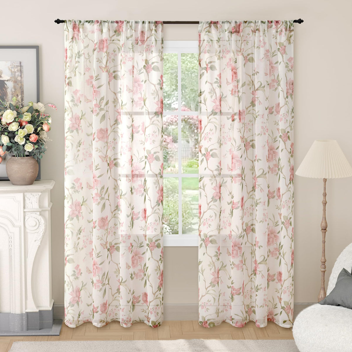 Lajode Pink Floral Sheer Curtains for Girls Room - 52x84 Inch 2 Panels