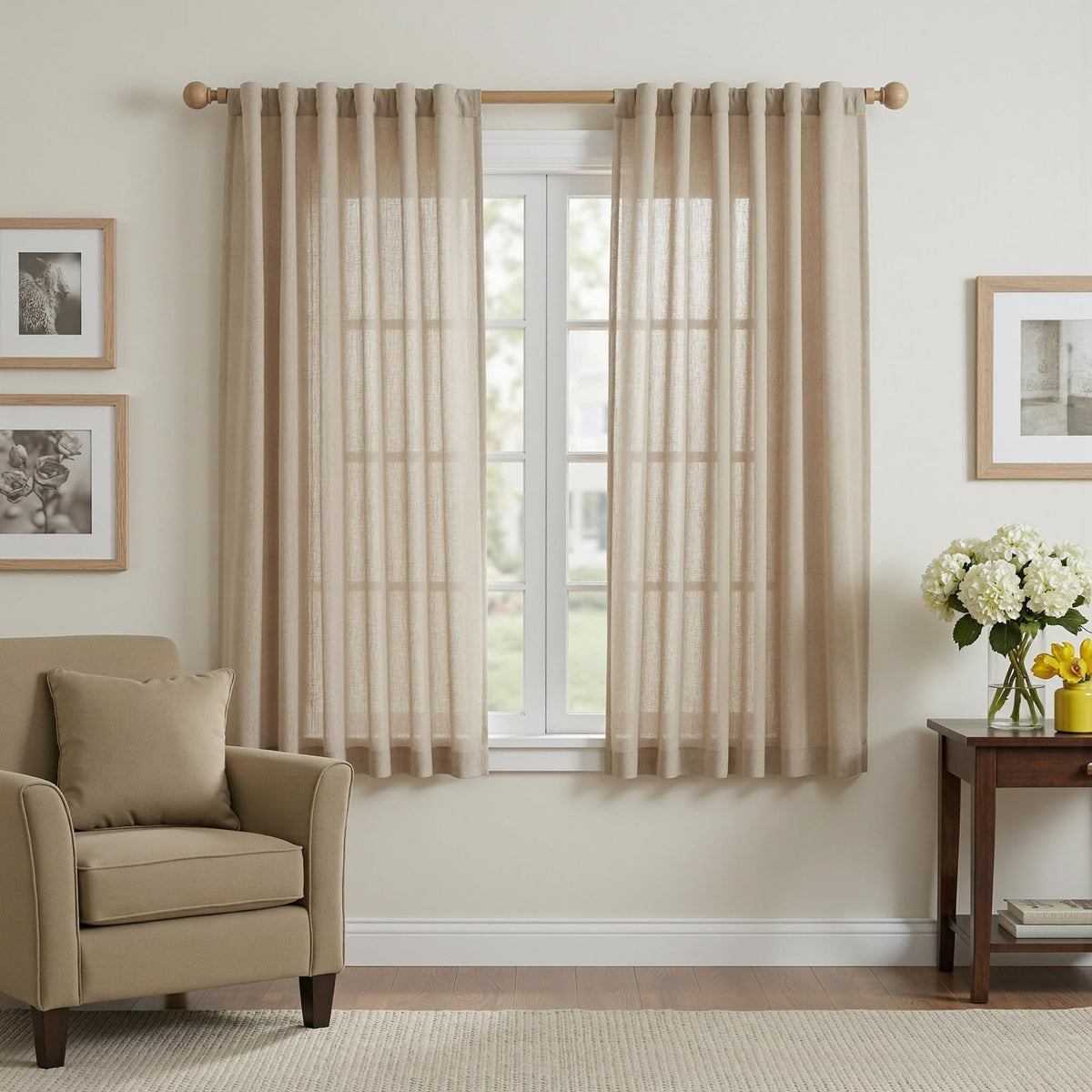 MYSKY HOME Linen Curtains for Living Room, Natural Semi Sheer Curtains & Drapes 84 inches Length 2 Panels Set Farmhouse Country Boho Style Back Tab Draperies for Sliding Glass Door, 50" Wide, Linen