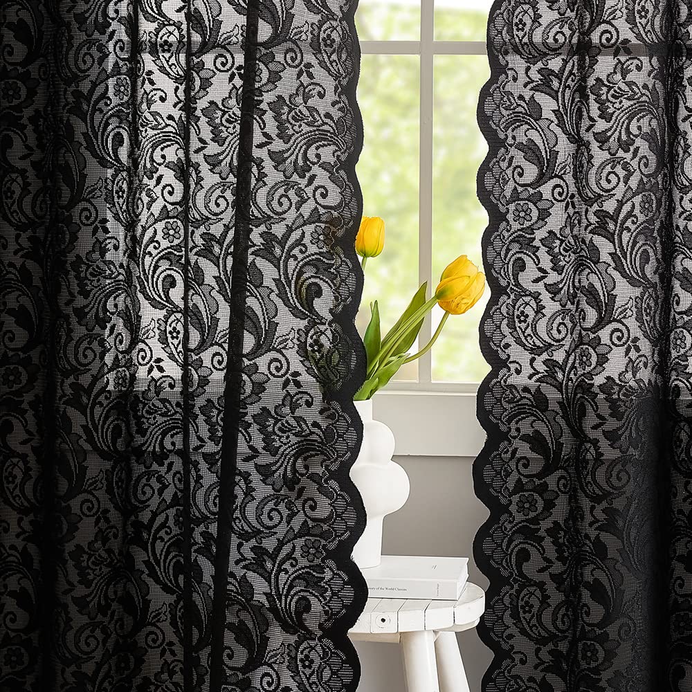 ALIGOGO Black Lace Curtains for Bedroom, Gothic Style, 52W x 63L Inch