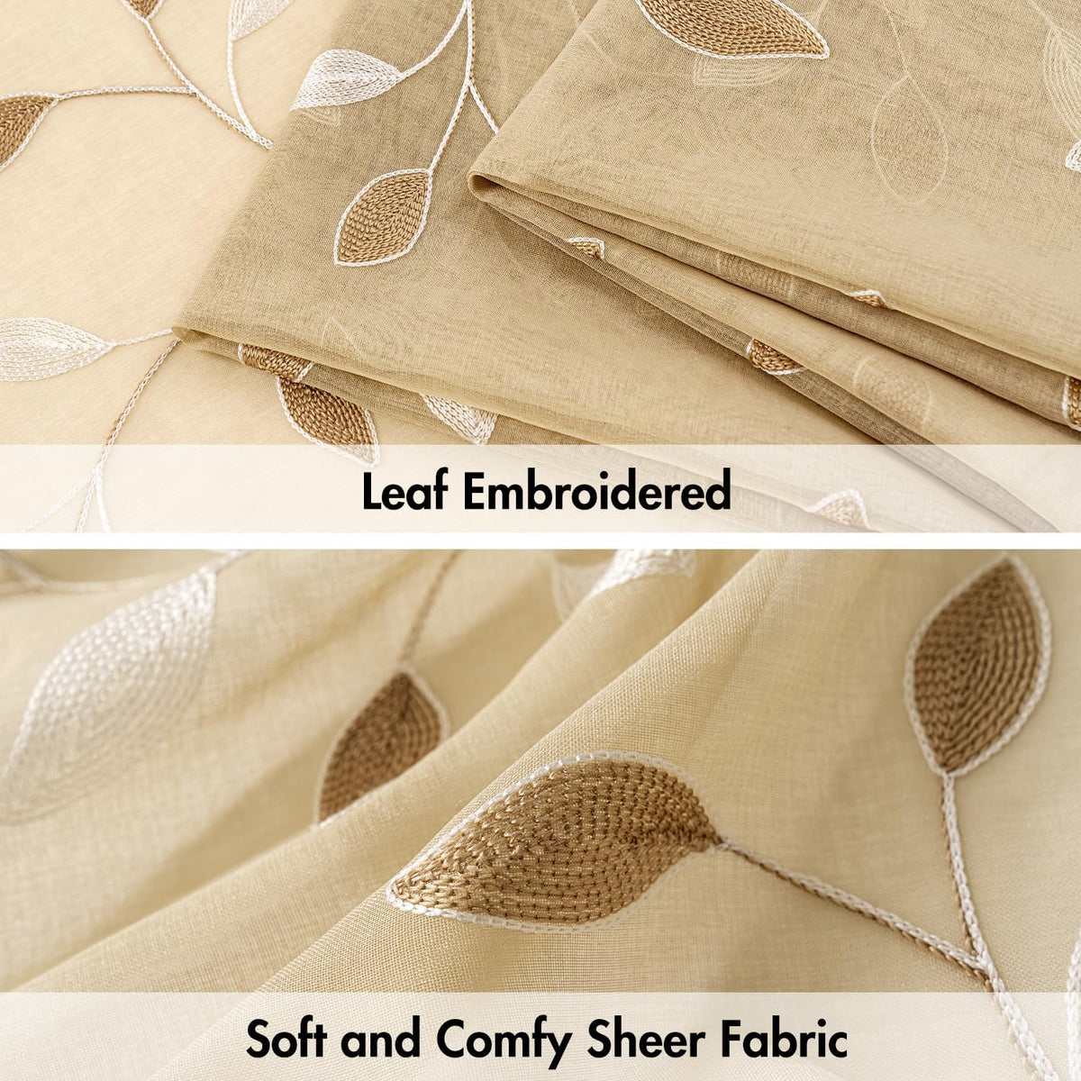 MIULEE Beige Sheer Curtains 2 Panels Embroidered Leaf Patterned, W52 x L84