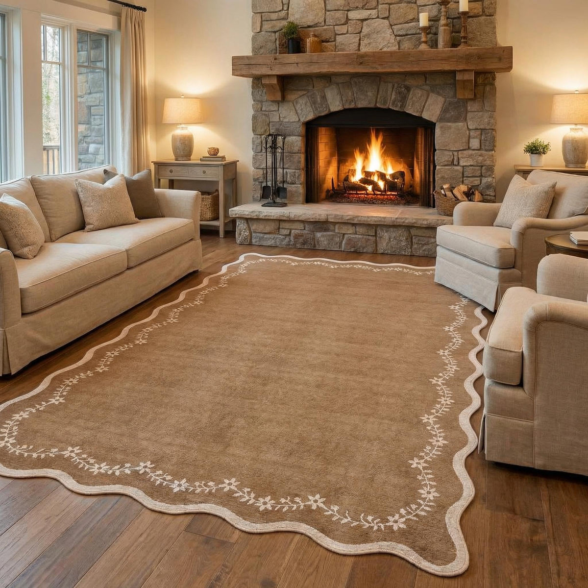 GarveeHome 5x7 Scalloped Area Rug Jute Washable Bedroom Living Room Rug