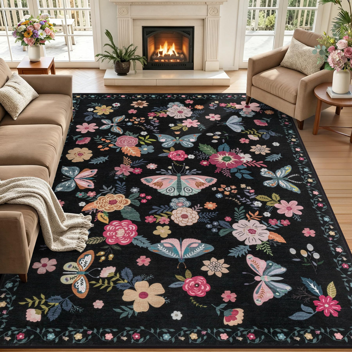 5x7 Area Rug Living Room: Soft Floral Washable Carpet Dark Green