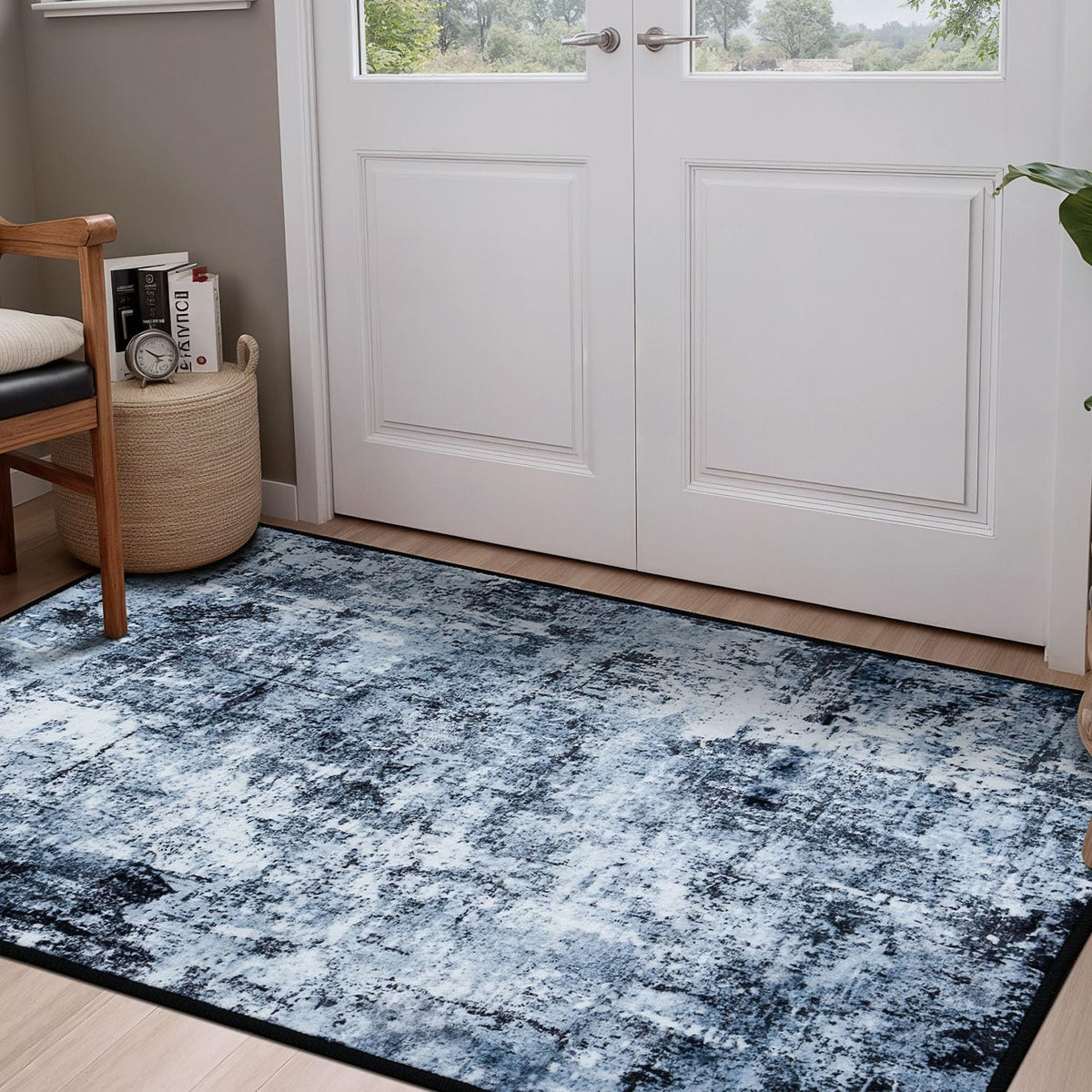 Rugflix 8x10 Area Rugs for Living Room, Washable Large Rug Stain-Resistant Low Pile, Modern Dark Carpet for Dining Room Home Office Kid Room Nursery Bedroom, Navy Blue/Black