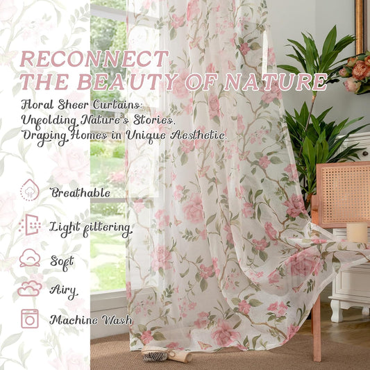 Lajode Pink Floral Sheer Curtains for Girls Room - 52x84 Inch 2 Panels