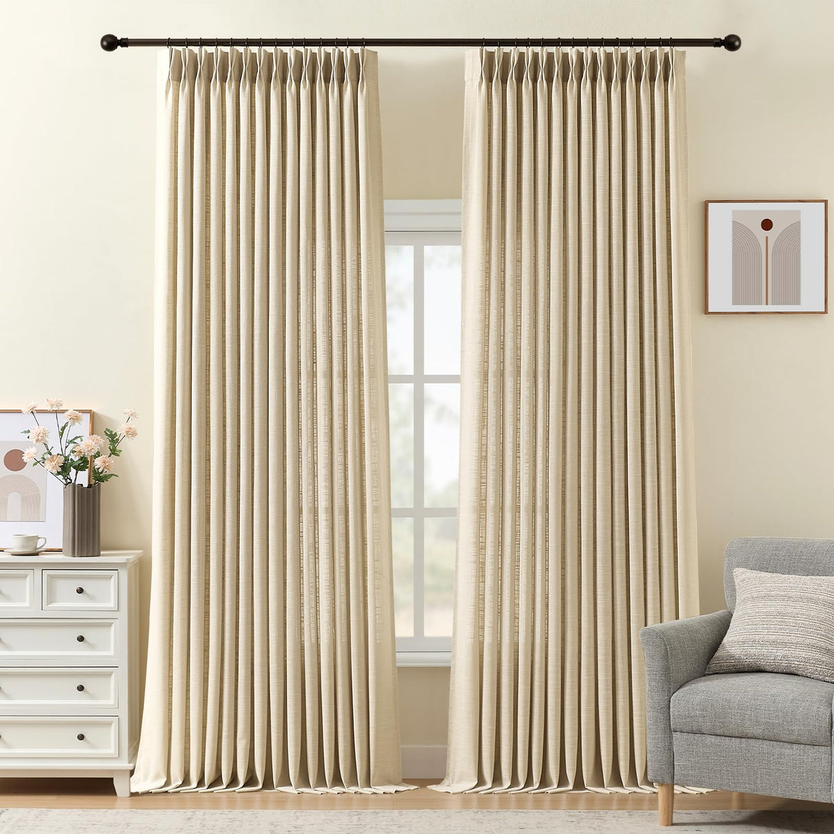 Pinch Pleated Linen Curtains 96 Inches Semi Sheer Light Filtering, 2 Panels