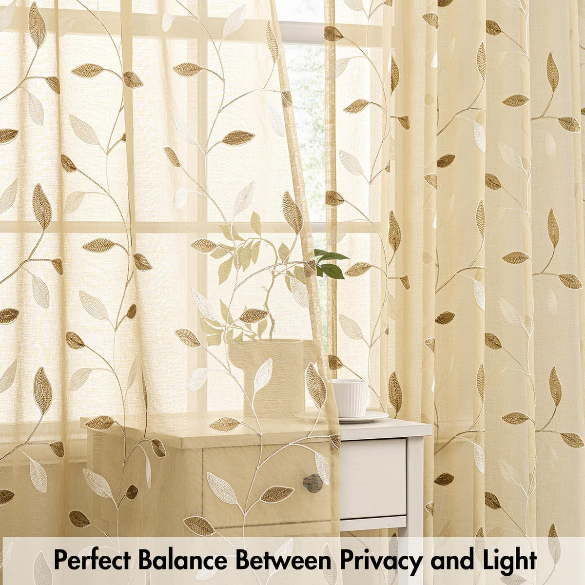 MIULEE Beige Sheer Curtains 2 Panels Embroidered Leaf Patterned, W52 x L84