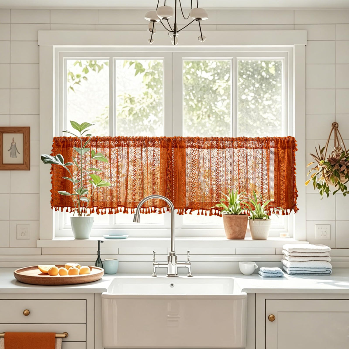 Sutuo Home Terracotta Boho Lace Curtains 2 Panels 84 Inches Long for Living Room&Bedroom, Burnt Orange Crochet Privacy Farmhouse Vintage Tassels Retro Halloween Window Sheer Curtains Rod Pocket,50" W