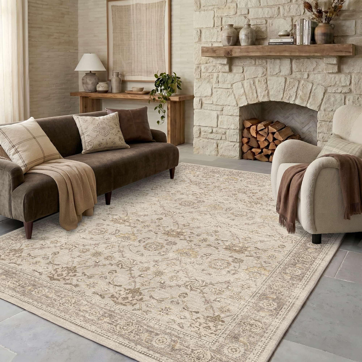 8x10 Washable Boho Area Rug, Dark Beige Farmhouse for Living Room