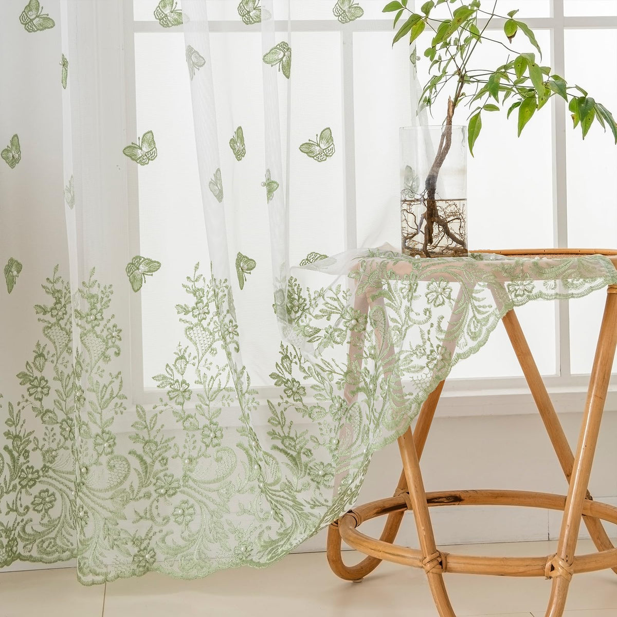 VISIONTEX Sheer Curtains Boho Leaf Floral Embroidered Cream Beige 54Wx84L