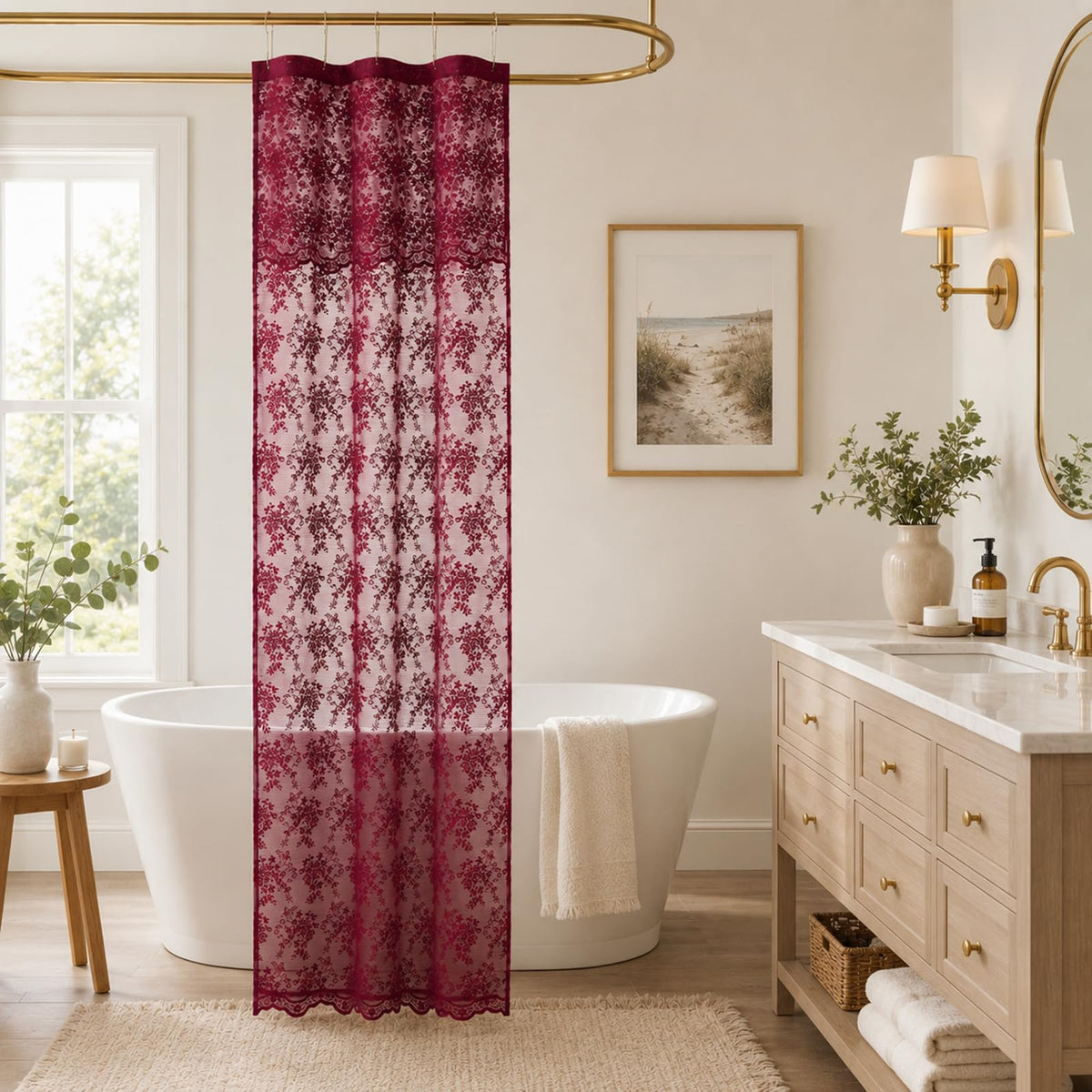 Ivory Lace Shower Curtain 72x72, Vintage Shabby Chic with Attached Valance