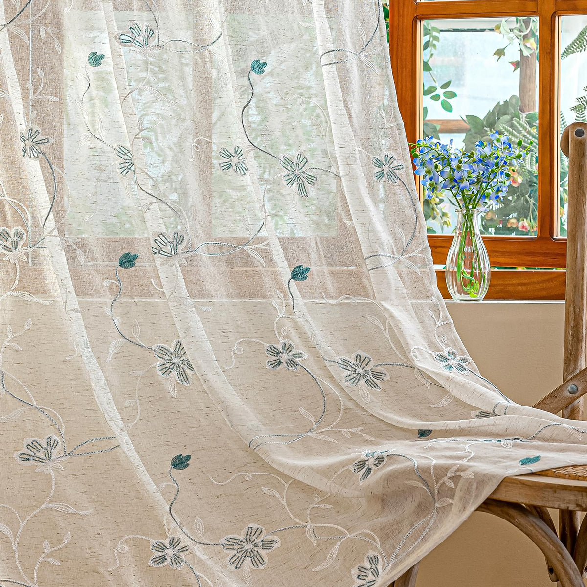 AmHoo 2 Panels Linen Floral Leaf Embroidered Semi Sheer Curtain Farmhouse Voile Curtains for Living Room Bedroom Window Treatment Beige 52 x 84 Inch