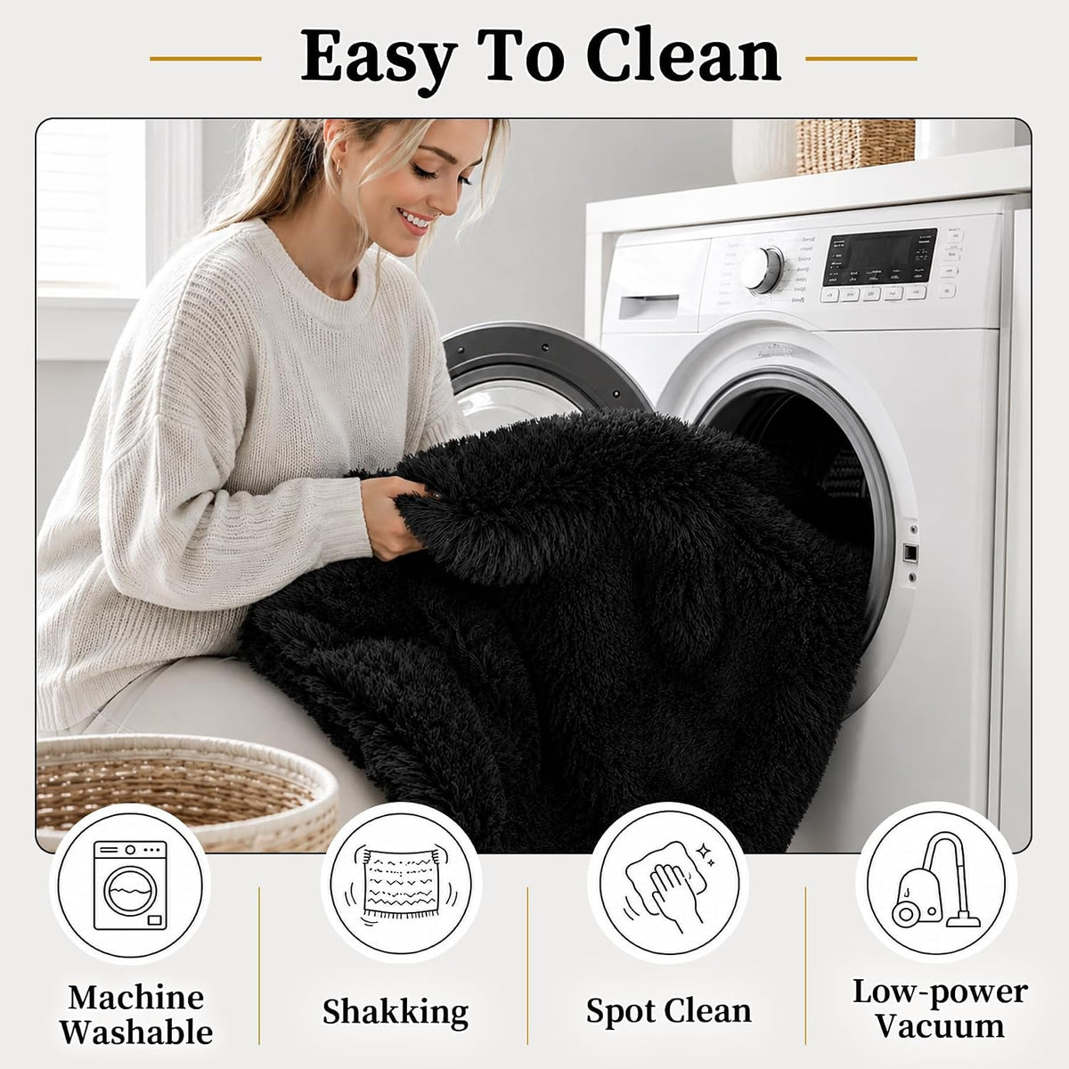 TENGTENGLINK 8x10 Fluffy Shag Area Rug Living Room Bedroom Washable Black