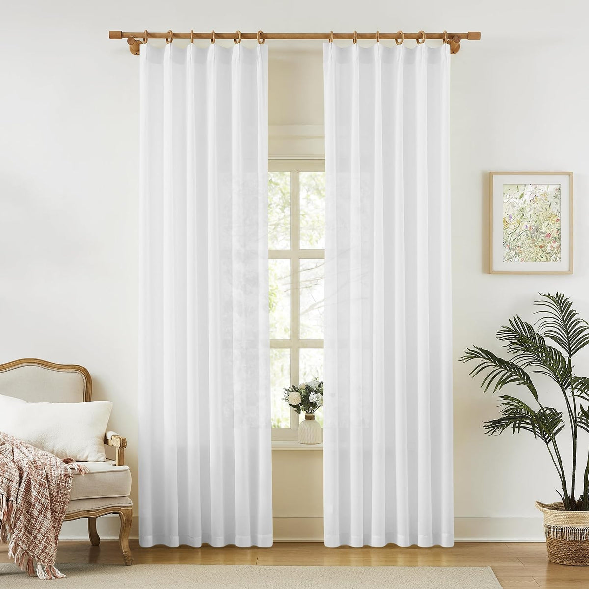 KangBang White Pinch Pleated Sheer Curtains 84 Inches Long 2 Panels