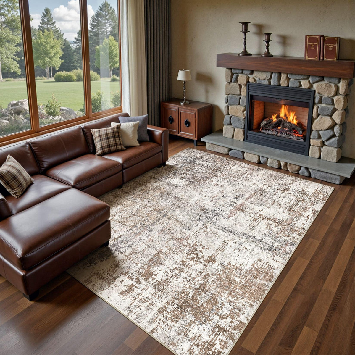 UERMEI 8x10 Area Rug Living Room Rugs - Washable Neutral Modern Abstract Soft Thin Large Rug Indoor Floor No Slip Rug Carpet for Bedroom Under Dining Table Home Office Decor - Brown Grey