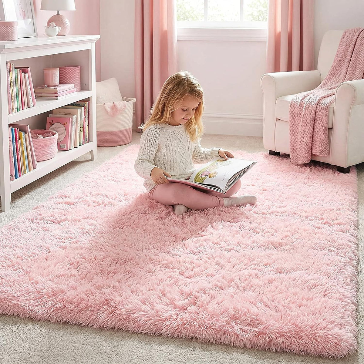 Amdrebio Light Pink Fluffy Fuzzy Area Rug 4x6 for Girls Bedroom Kids Room