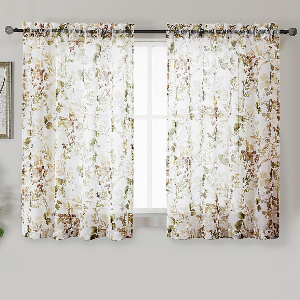 OWENIE Crushed Sheer Curtains 63 Inch Length 2 Panels Set, Sheer Floral Curtians with Printed Leaves Design, Printing Drapes for Living Room, Rod Pocket Light Filtering Window Sheers 42" W x 63" L