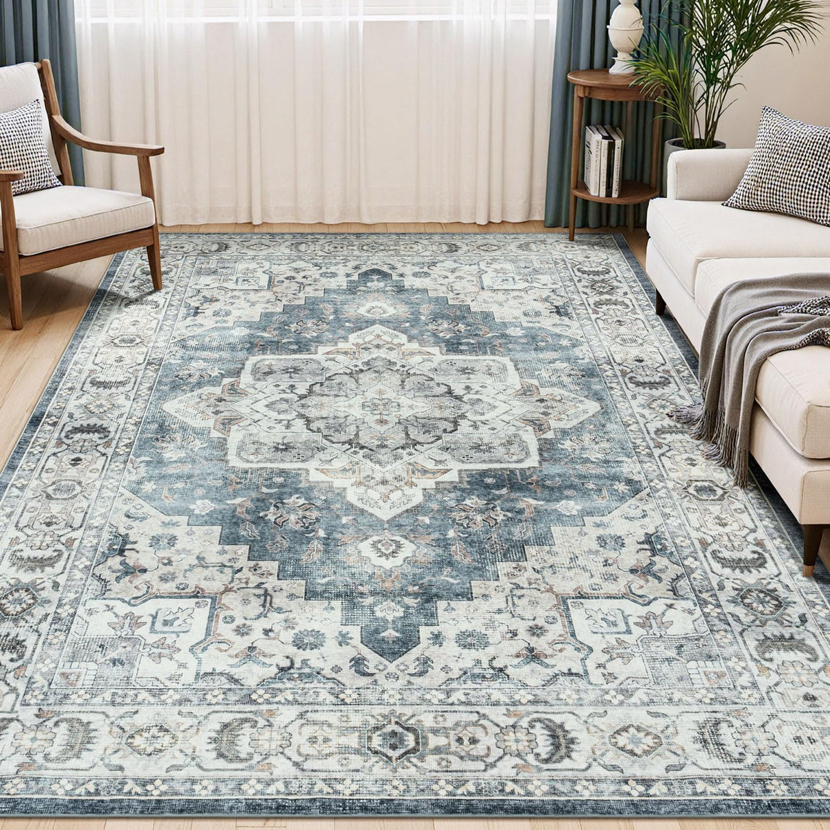 Lessymo 8 x 10 Area Rugs for Living Room, Machine Washable Rug Grey White