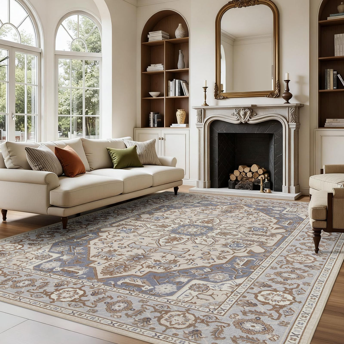 Joydeco Boho Washable Abstract Beige 5x7 Area Rugs for Living Room Bedroom