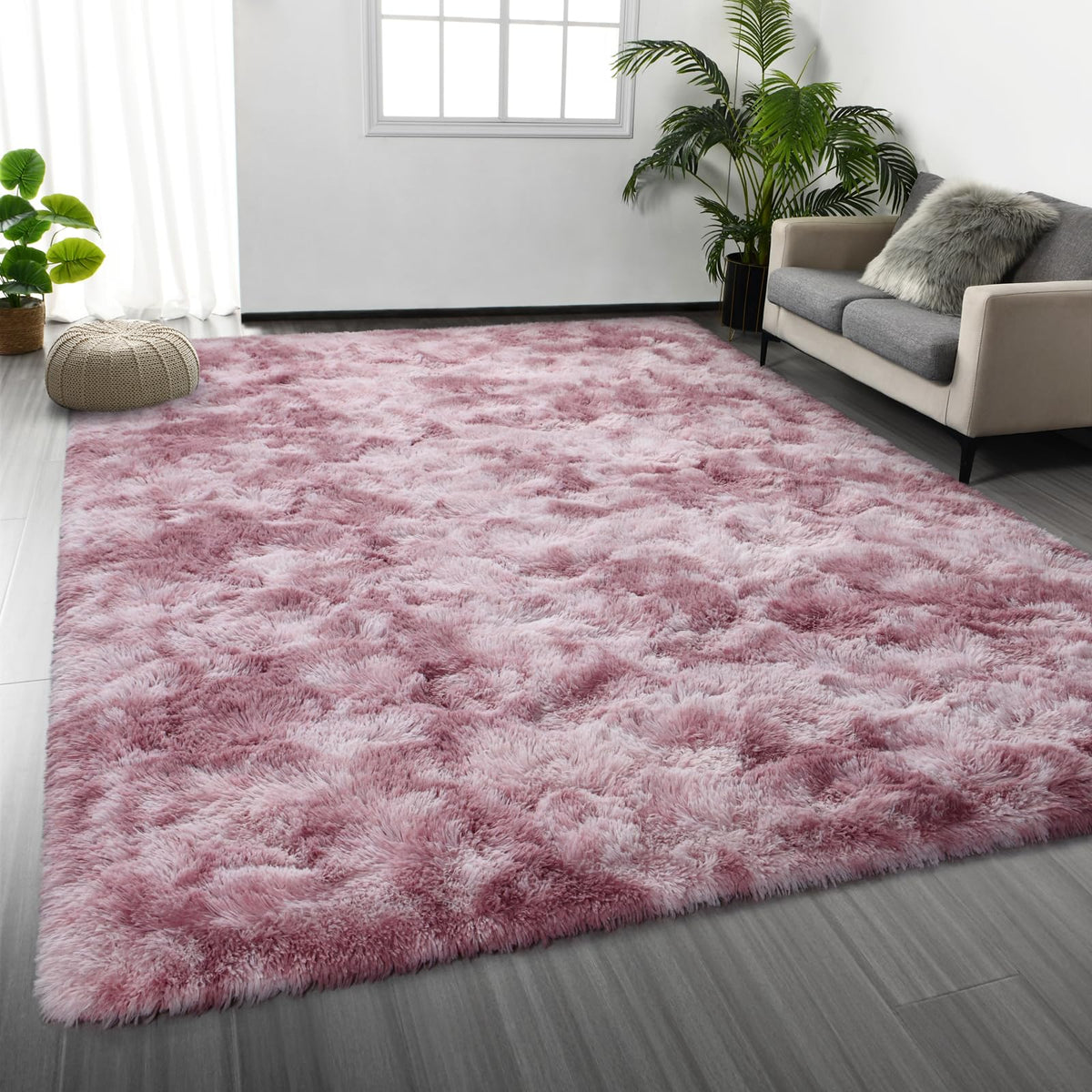Deerhoo Large Shag Area Rugs 5 x 8, Tie-Dyed Plush Fuzzy Rugs, Light Grey