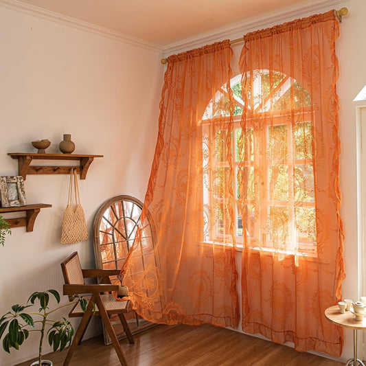 Deeprove Orange Lace Sheer Curtains 84 inches Long 2 Panels Set, Boho Burnt Terracotta Florals Embroidery Vintage Window Treatment Pair Fall Decor Drapes for Farmhouse Bedroom Living Room, W57 x L84