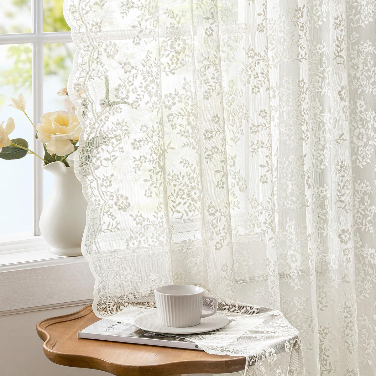 2 Panels Vintage Lace Curtains 63 Inches Length 52 x 63 Inch Ivory