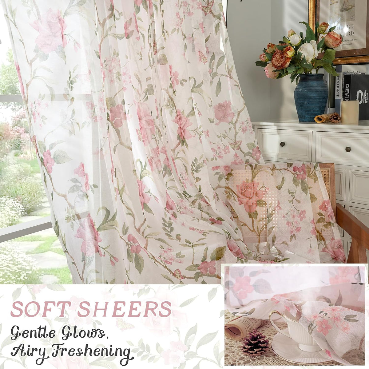 Lajode Pink Floral Sheer Curtains for Girls Room - 52x84 Inch 2 Panels