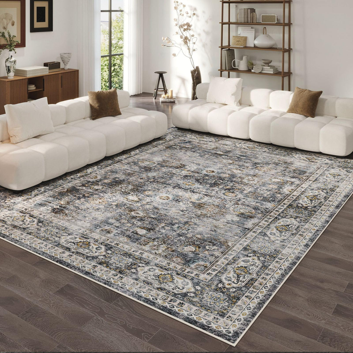 Rugcomf Large Living Room Rug 8x10 Washable Non Slip Vintage, Grey