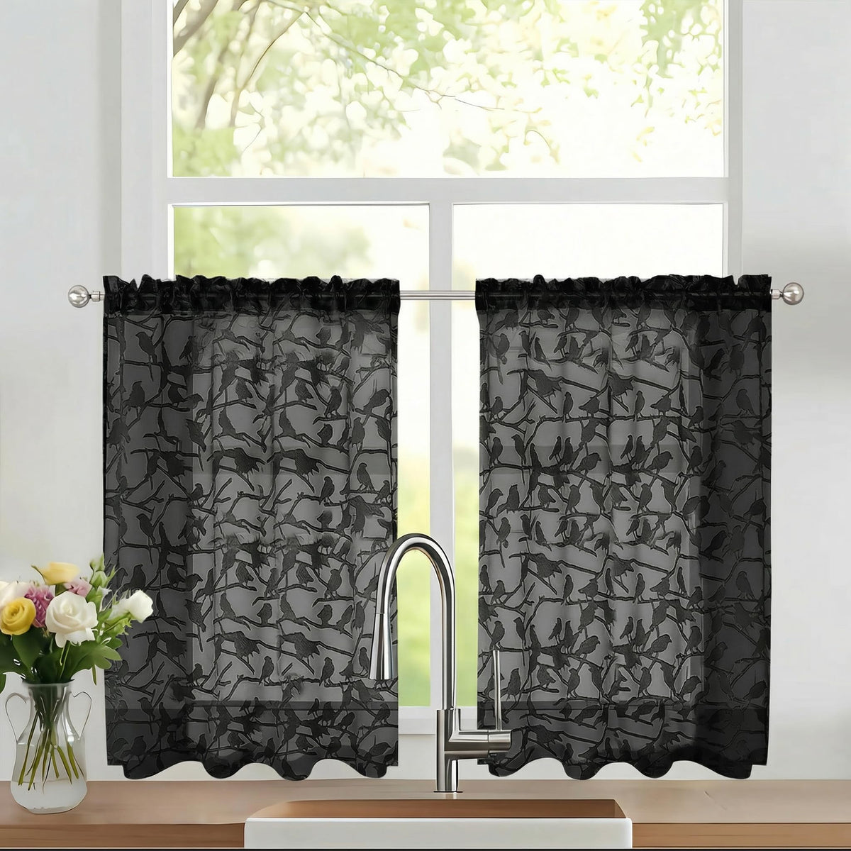 OVZME Sage Green Sheer Curtains 63 Inch Length 2 Panel Set, Light Filtering Bedroom Curtains with Dual Rod Pocket Top, Leaf Bird Clip Jacquard Sheer Farmhouse Window Drapes for Living Room, 2x38Wx63L