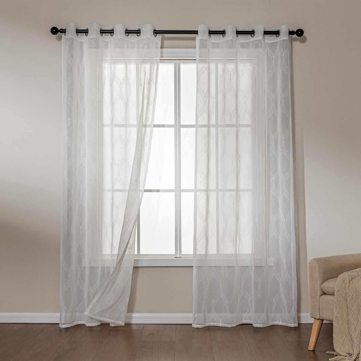 Amazon Basics Lace Sheer Curtains for Living Room and Bedroom, 2-Panel Set with Grommet, 42" W × 63" L, White Cloverleaf