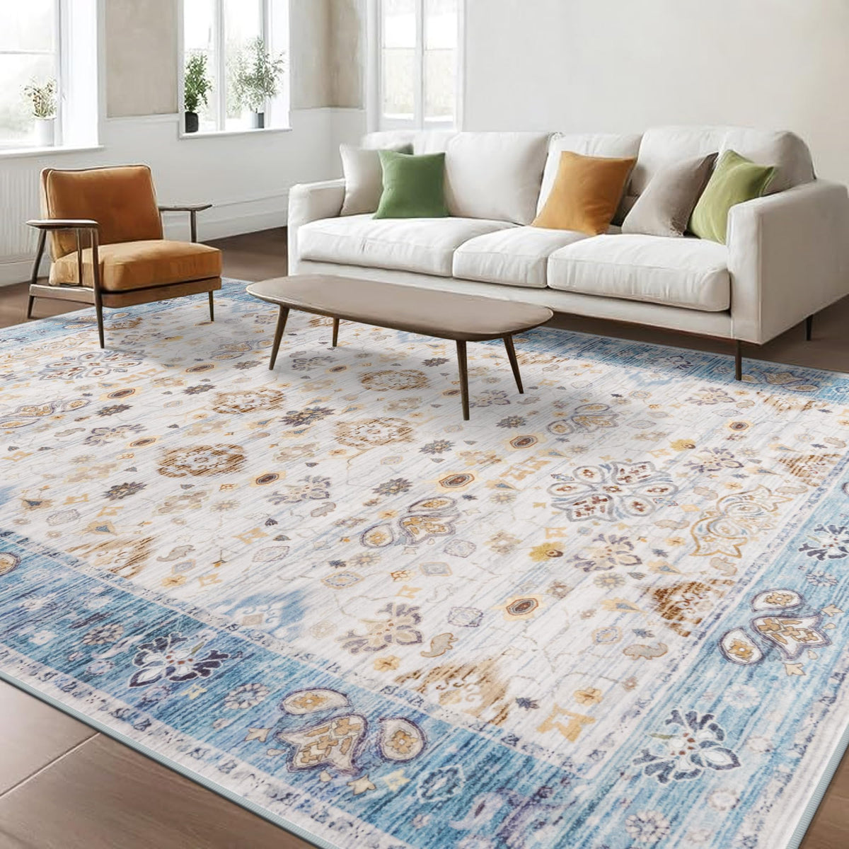 Hanples 5x7 Area Rugs for Living Room, Washable Rug Vintage Floral, Beige