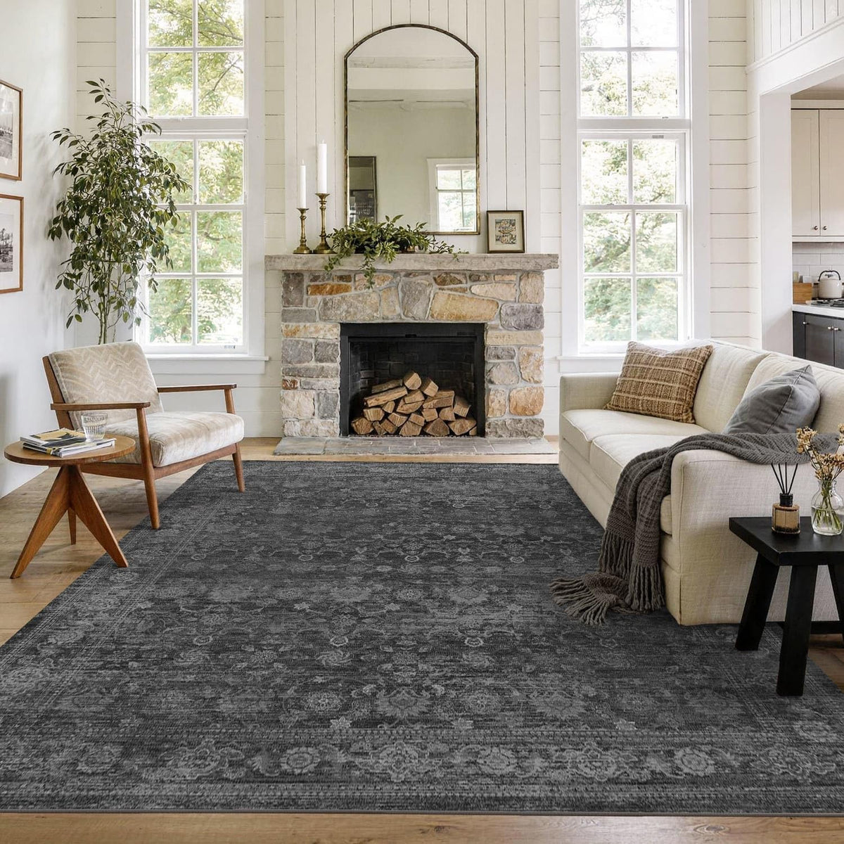 8x10 Washable Boho Area Rug, Dark Beige Farmhouse for Living Room