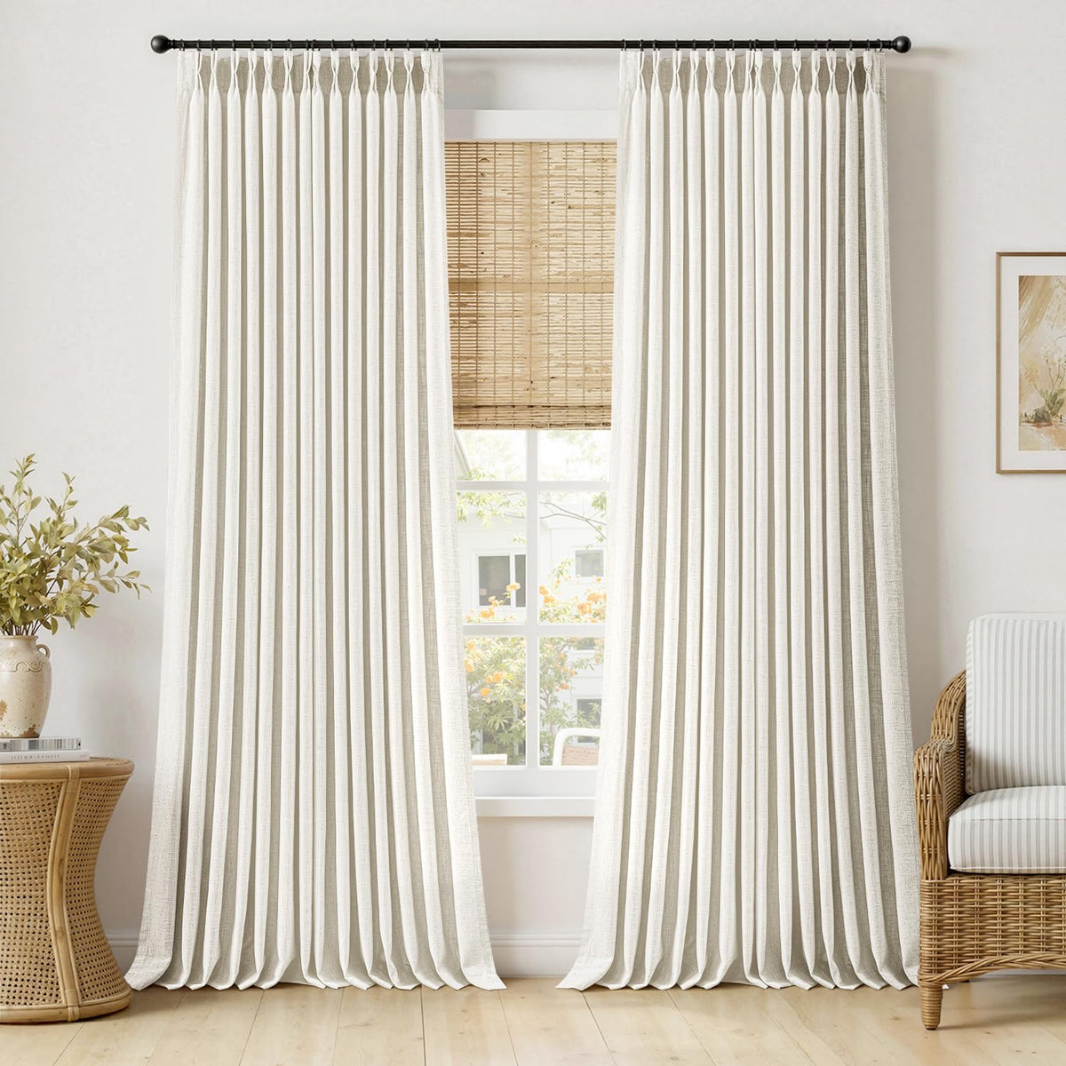 MIULEE Pinch Pleated Thick Linen Curtains 96 Inches Burlap Brown Curtains