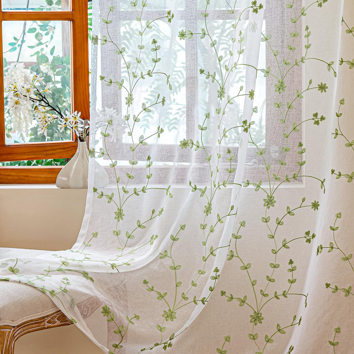 AmHoo 2 Panels Leaf Flora Embroidered Farmhouse Semi Sheer Curtain Voile Curtains for Living Room Bedroom Window Treatment White Sage Green 53 x 84 Inch
