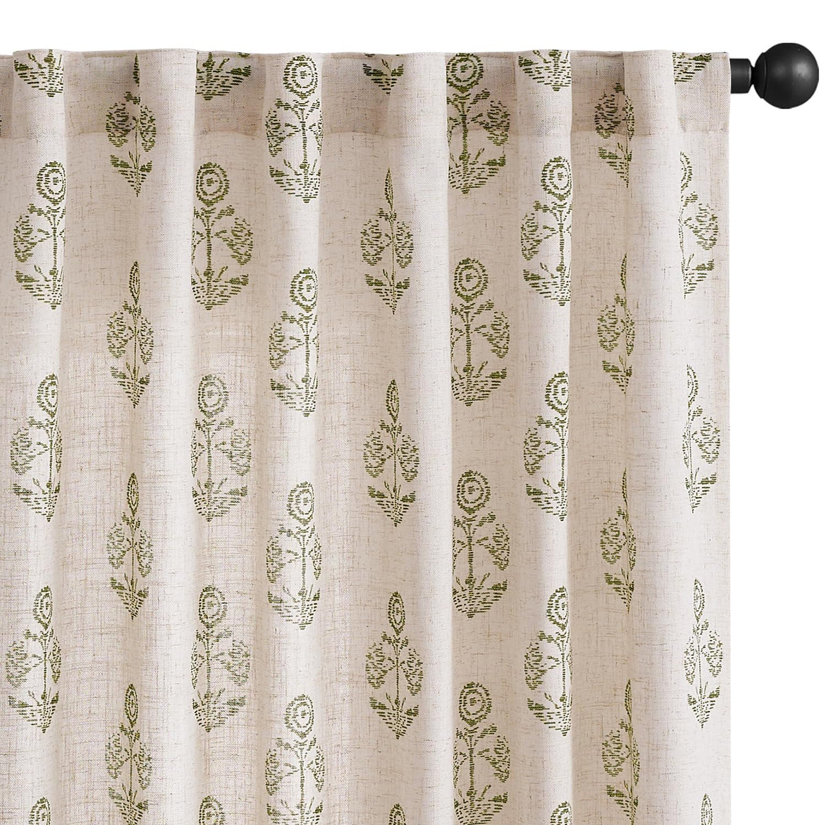 jinchan Green Floral Linen Curtains 84 Inch Vintage Back Tab 2 Panels