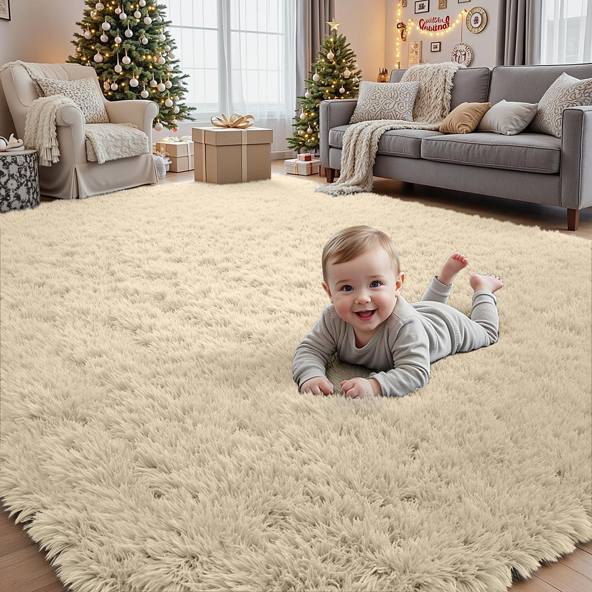 8x10 Fluffy Shag Area Rugs for Living Room Bedroom: Soft Plush Carpet Grey