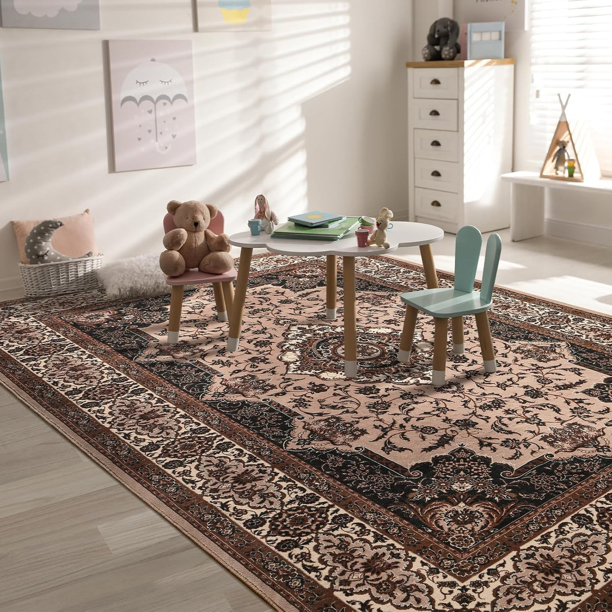 Hanples 5x7 Area Rugs for Living Room, Washable Rug Vintage Floral, Beige