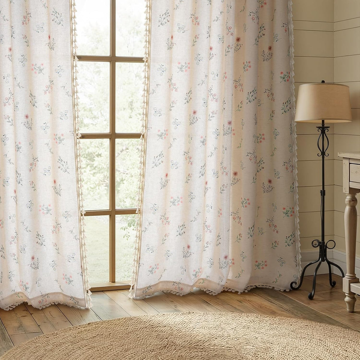 Boho Floral Light Filtering Curtains 84 Inch 2 Panels Linen Texture