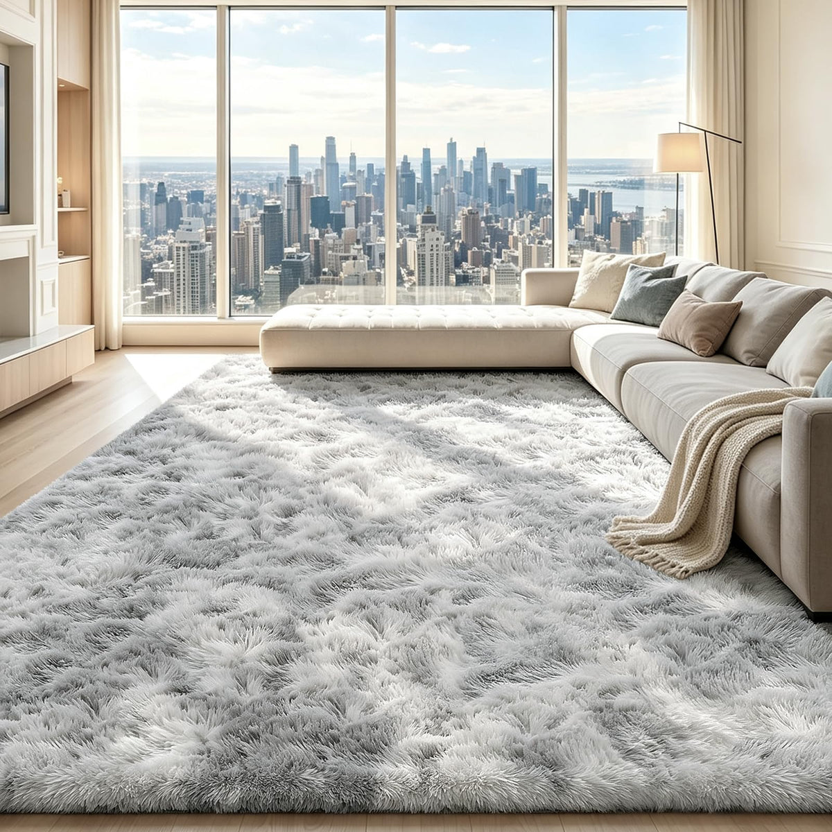 Beige 8x10 Area Rugs for Living Room, Fluffy Shag Rug Large Bedroom Carpet